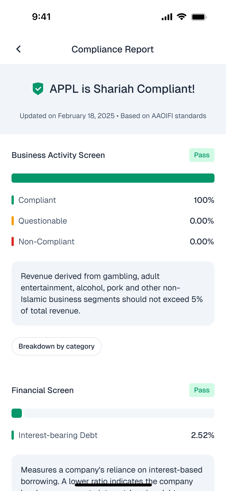 Halvestor compliance report with financial screen details