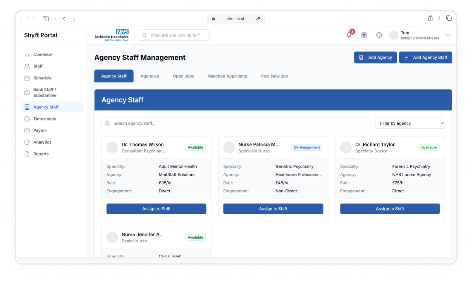 Shyft agency staff management screen with availability and assignment